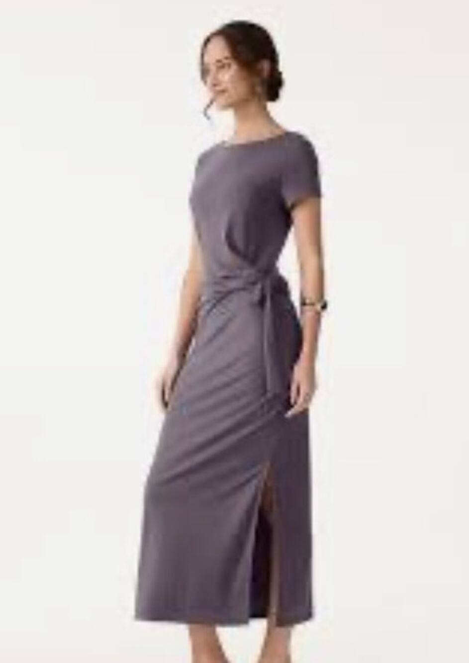 OGL Move Womens L Grey Short Sleeve Tie Waist Side Slit Midi Dress Modest L